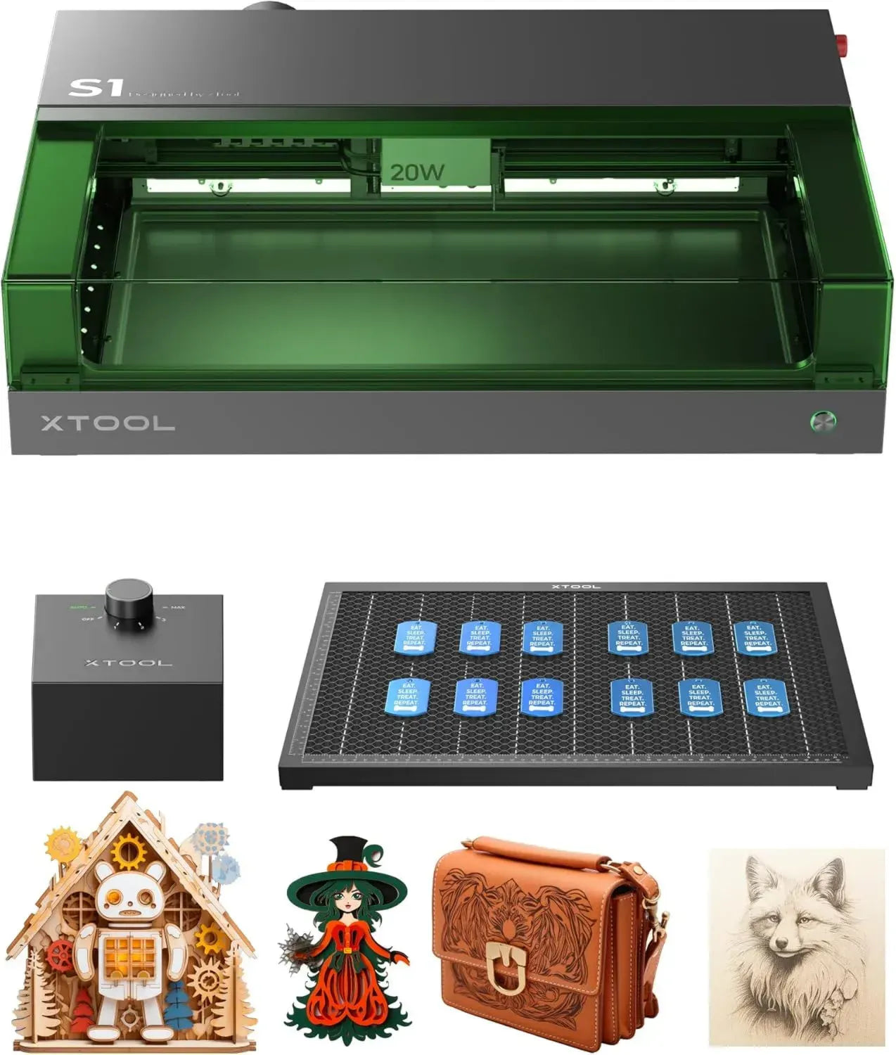 xTool S1 20W Lasergravurmaschine, Sicherheitsgehäuse, Präzise Positionierung, Autofokus, 600mm/s, 498x333mm Arbeitsbereich für Metall und Holz
