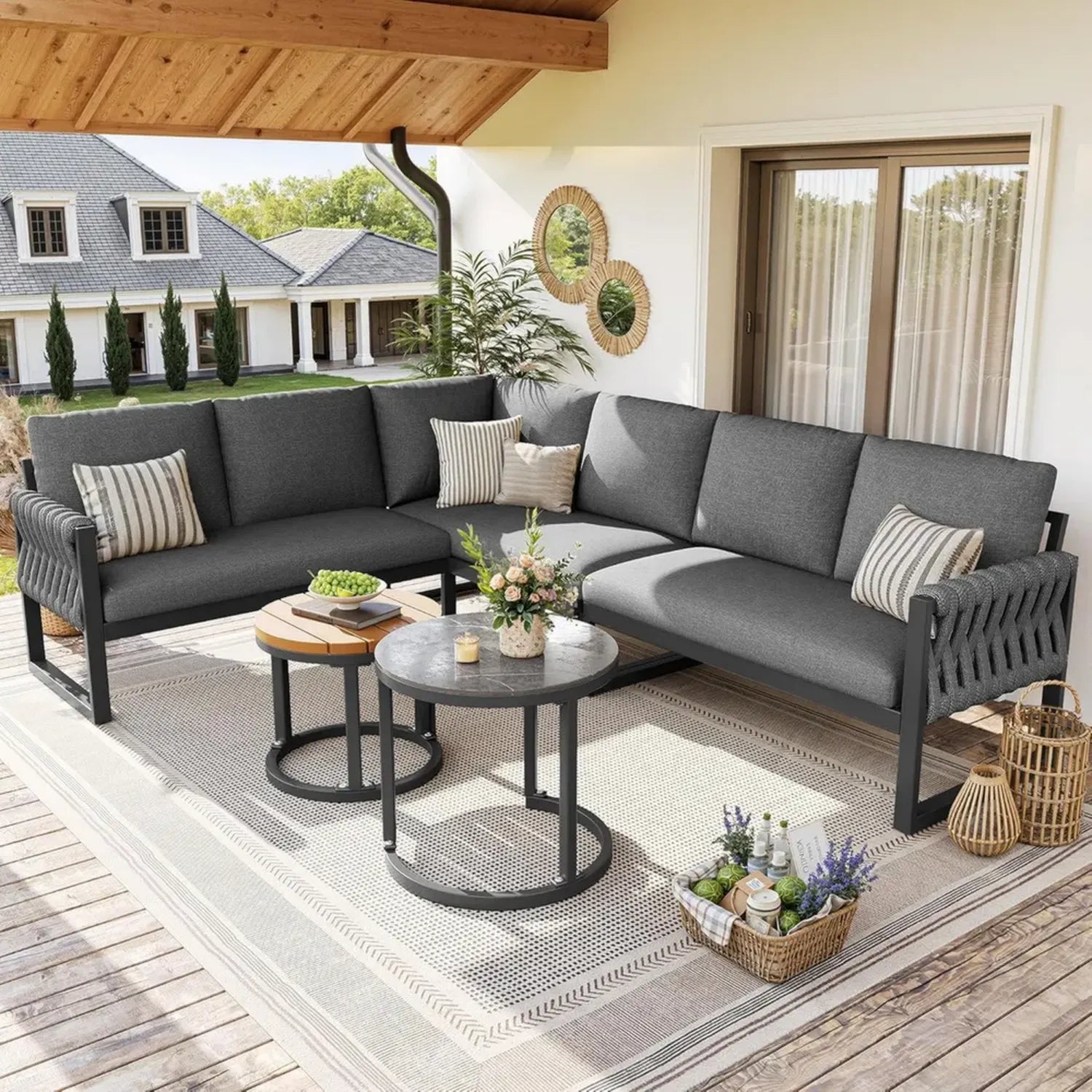 Dolamaní Outdoor Lounge-Set für 5-6 Personen, graues L-förmiges Gartensofa mit Tisch, Metallrahmen, inklusive Kissen für Balkon und Terrasse