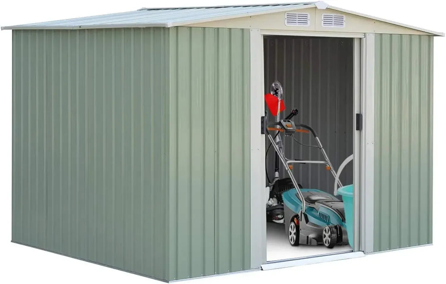Metallgerätehaus mit Schiebetüren und Belüftung, grüner Geräteschuppen für Gartenwerkzeuge