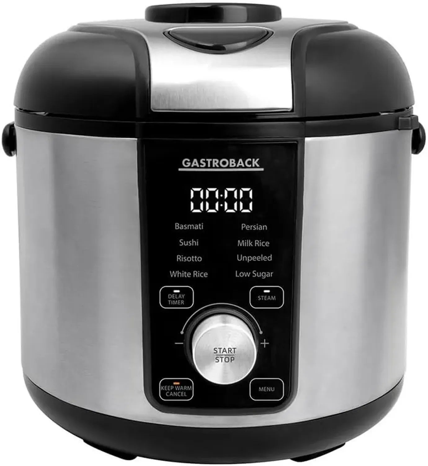 GASTROBACK Multifunktionaler Reiskocher 3L mit Dampfgarer, 500W - 8 Modi für Basmati, Sushi, Risotto und mehr - Antihaft, Abschaltautomatik, Warmhaltefunktion