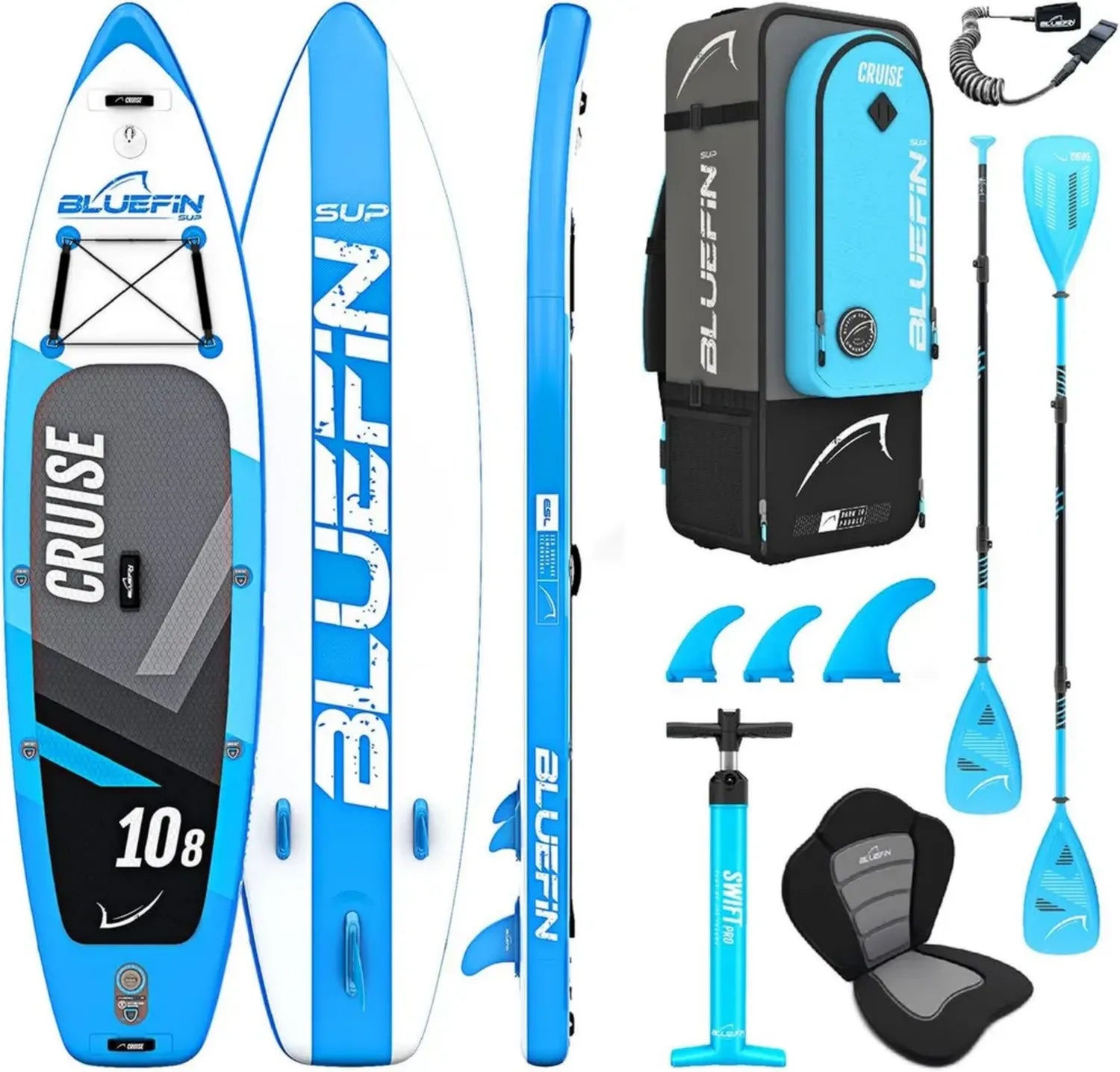Bluefin Cruise Premium SUP-Set: Aufblasbares Paddleboard für Erwachsene mit Rucksack, Fiberglas-Paddel und Pumpe | 5 Jahre Garantie