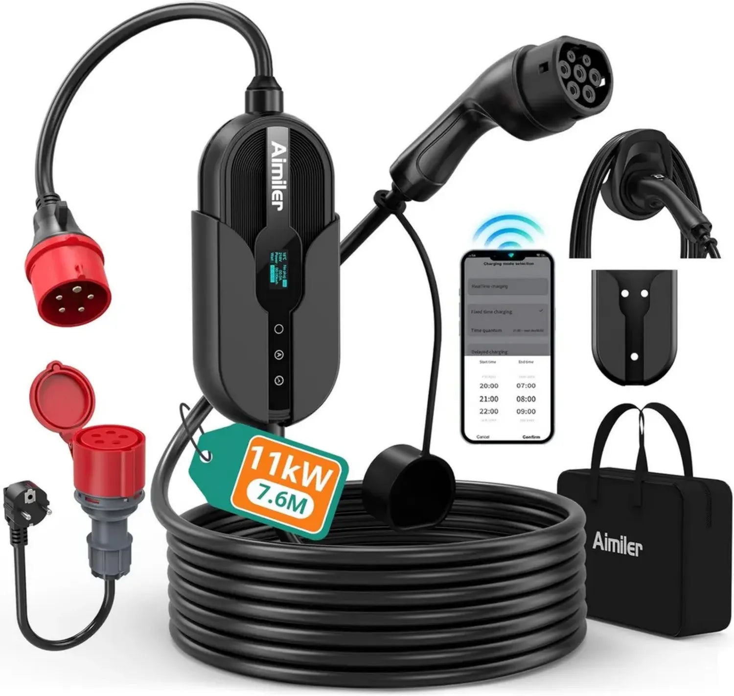 AIMILER 11kW Wallbox mit App, 3-phasig 400V, 7,6m Typ 2 Ladekabel, IP66, OLED-Display, Tragbare/Wand-Ladestation für EV/PHEV